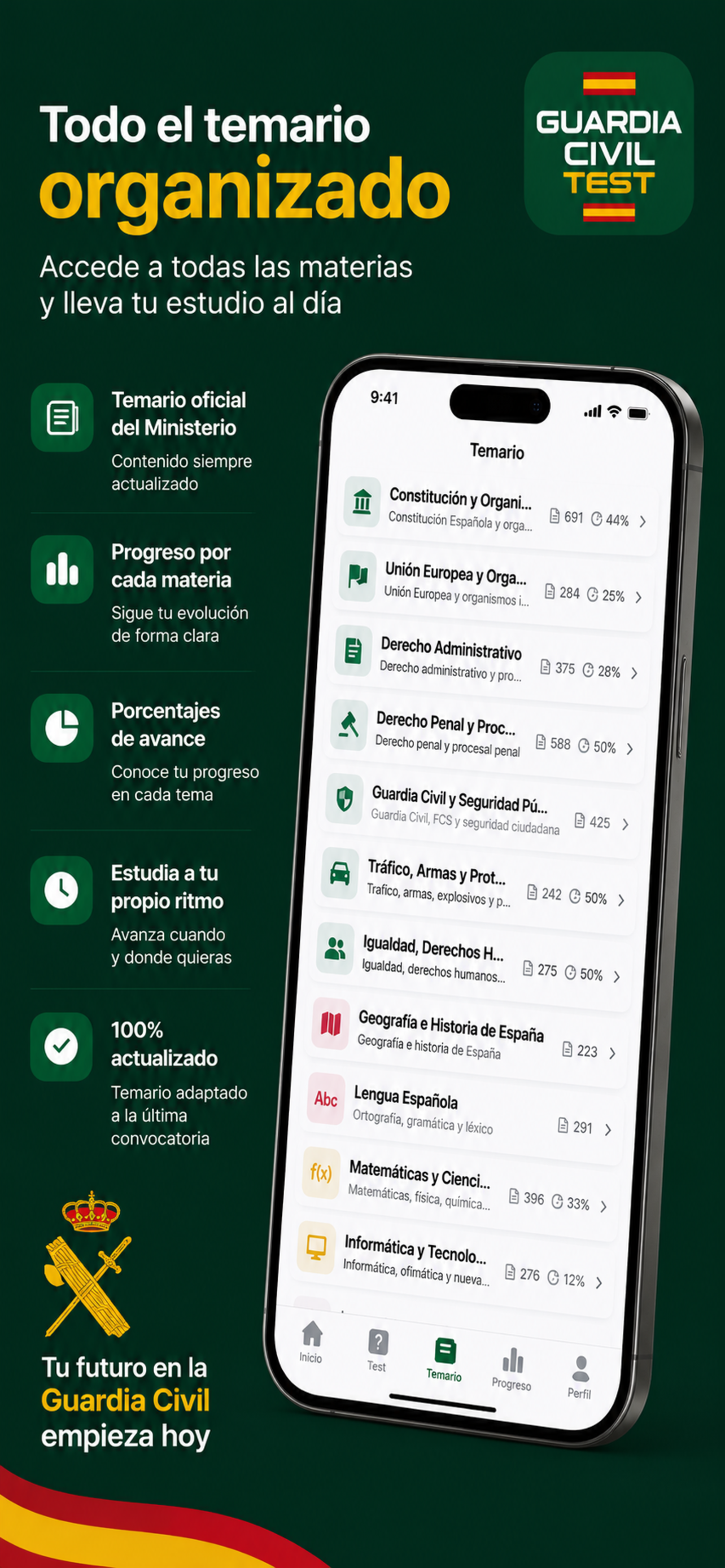 Todo el temario oficial organizado por materias