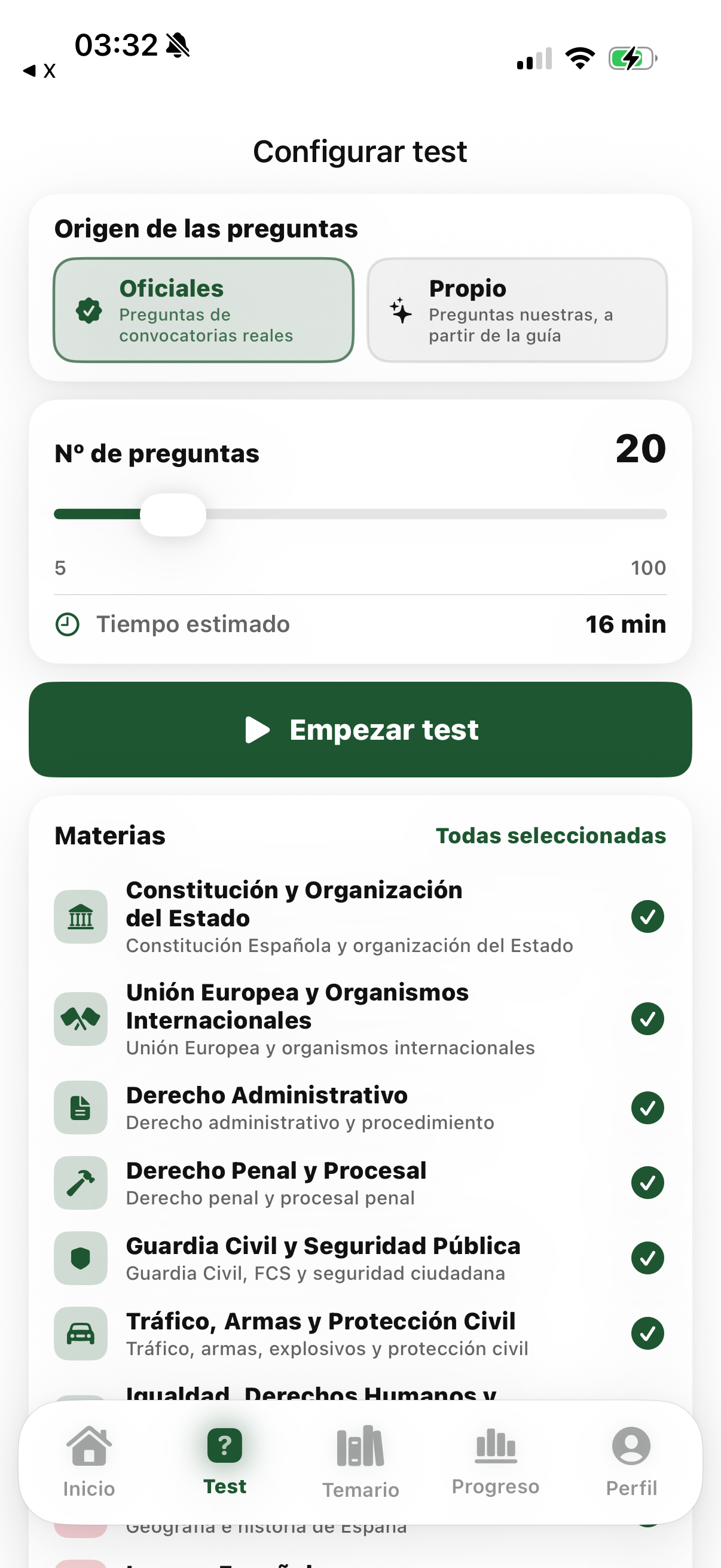 Configurar un test de la oposición