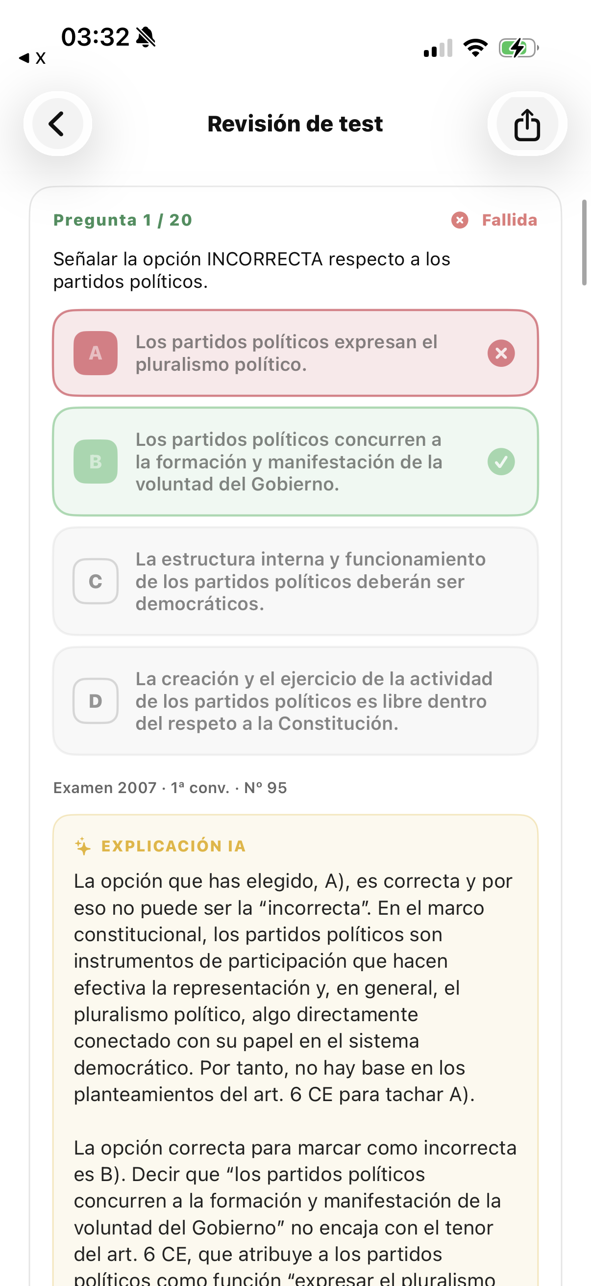 Revisión de un test con explicación de la IA