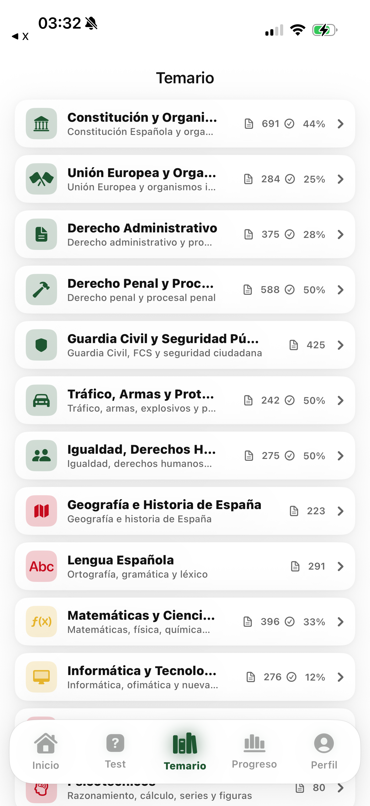 Temario con las materias de la oposición